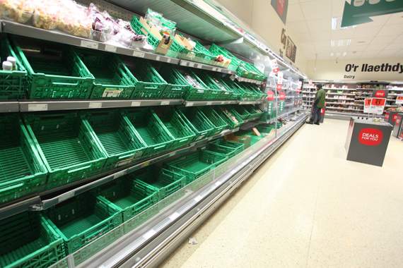 Empty fruit and veg shelves in Brecon Co-op