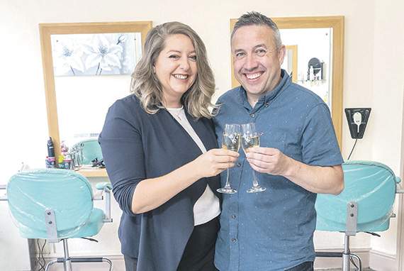 Raising a glass at Richard's hairdressing salon in Talgarth