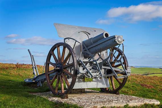 The Garth Gun stands on Twyn y Garth with sweeping views over the Wye valley and the village of Erwood