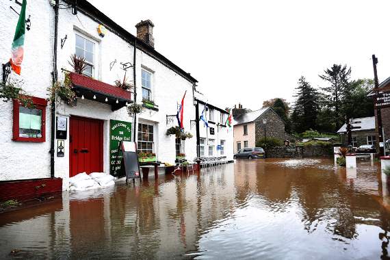 Flood water outside the Bridge End Inn, Crickhowell