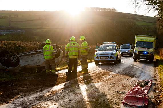 Emergency services at Upper Chapel crash this morning. Photo by Graham Lawrence