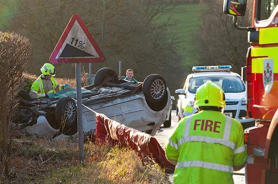 A crash believed to have been caused by ice today at Upper Chapel. Photo by Graham Lawrence