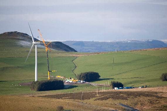 The first wind turbine which has been erected at the Hendy Wind Farm site - taken by a protestor from the Fronddyrys Bend on the A44