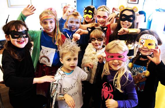 Ysgol Gymunedol Talybont pupils Glain Jones, Elinor Davies, Rhodri Davies, Gethin Davies, Elen Lloyd-Williams, Grace James, Evie James, Miriam Davies, Maya Farrington, Carys Joseph in their fancy dress