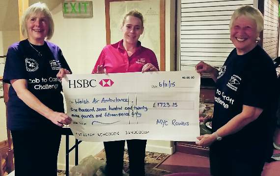Pippa Owen (left) and Maggy Clarke (right) present a cheque for £1,723.15 to Susan Keys of the Wales Air Ambulance