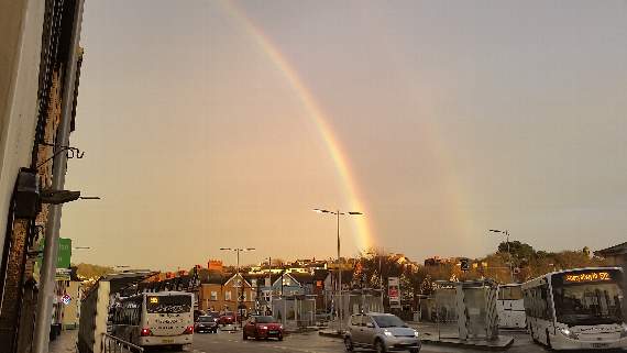 Donna Valentine sent in this snap of the double rainbow over Aberystwyth's bus stop