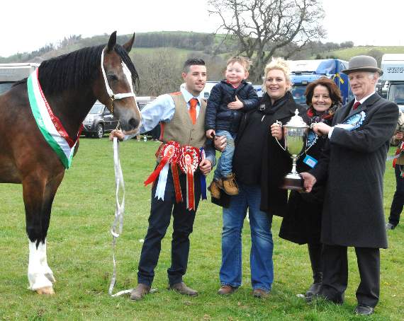 The Young Stock Champion was Llwynhywel Lady Camilla. Show president William and Wendy Lloyd present the cup to the owners, the Evans family, of Llwynhywel, Llanilar and handler Jack Bowerman