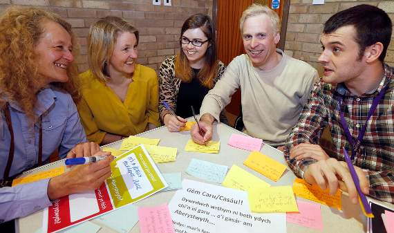 Pictured are, left to right: Cath Sherrell and Hannah Green of the Young Foundation; Kelly Palmer, of CAVO; Dylan Lewis, community activist and George Smith, Aberystwyth University