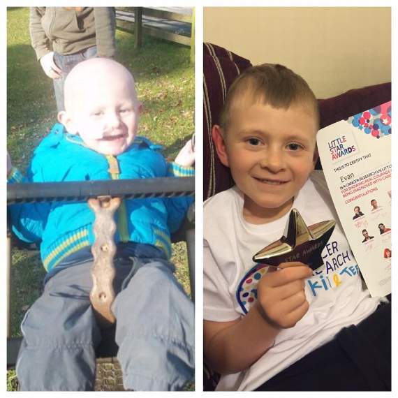 Evan during treatment and with his Little Star Award