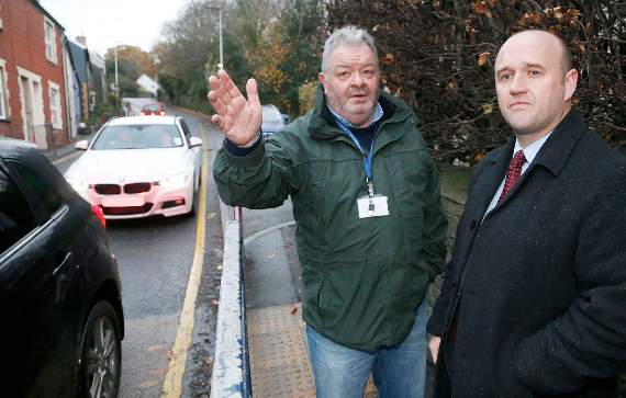 Cllr Paul James (left) meeting with Police and Crime Commissioner Dafydd Llywelyn to talk about road safety issues on Primrose Hill, Llanbadarn