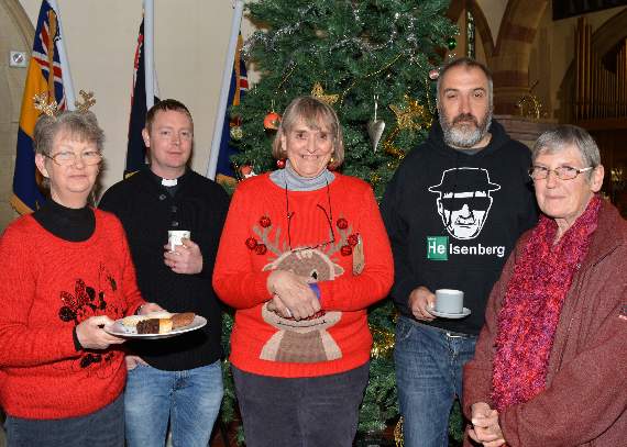 Coffee morning organisers and volunteers Daphne Chalk, Father Huw Bryant, Ursula Whitehouse, Sel Thomas and Pauline Davies
