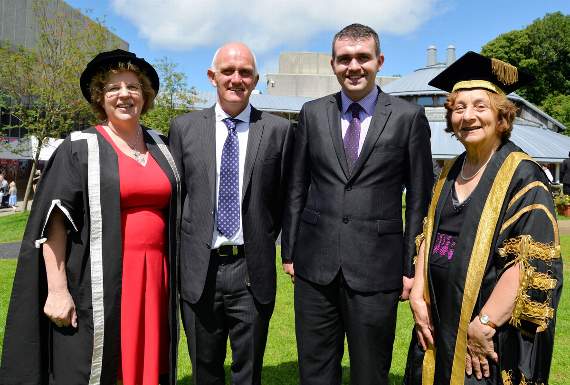 From left: Prof Elizabeth Treasure, Caitríona Lucas’ husband Bernard and son Ben, and pro chancellor Elizabeth France