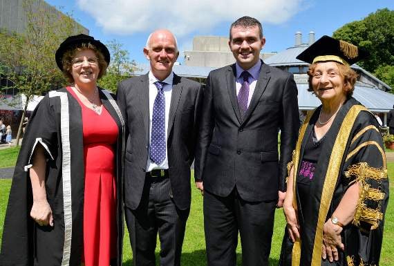 From left: Prof Elizabeth Treasure, Caitríona Lucas’ husband Bernard and son Ben, and pro chancellor Elizabeth France