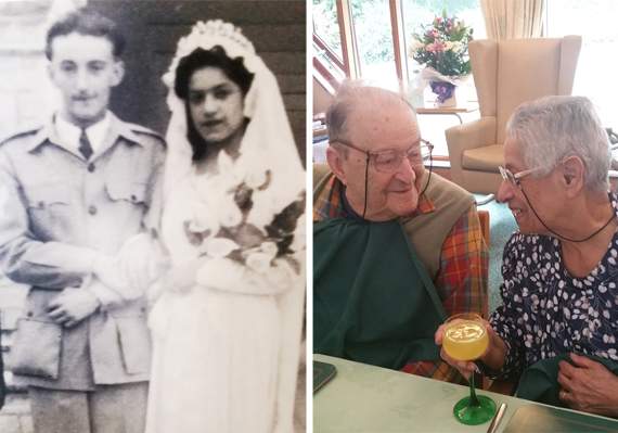 Clarrie and Lyn on their wedding day, and celebrating their platinum anniversary