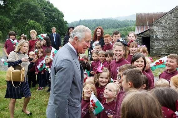 Prince Charles with Ysgol Pontrhydfendigaid primary school children at the Strata Florida Centre Project