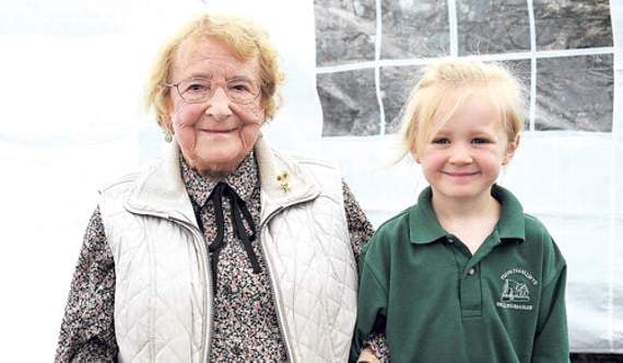 Gwen Jones, 98, is a former pupil and the oldest, with Tirion Wyn Williams, 4, the school’s youngest pupil