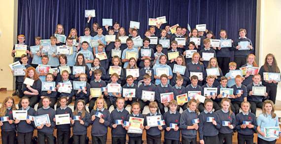 These are all Year 7-10 pupils who have received a certificate of achievement in various subjects from the departments of Welsh, English, science, mathematics, physical education, religious education, geography, history and French