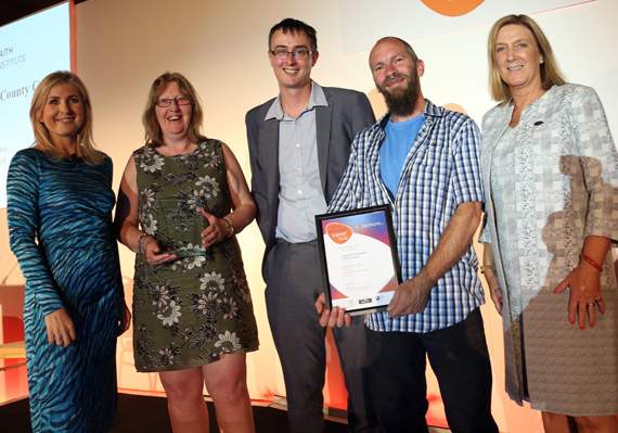 Sian Lloyd, BBC presenter; Denise Owen, Dysgu Bro manager; Richard Speight, Digiskills Cymru and Scott Reeve, waste management office