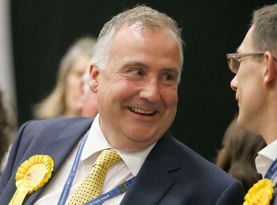 Mark Williams, Liberal Democrat candidate for Ceredigion, is all smiles as the count continues in Aberaeron