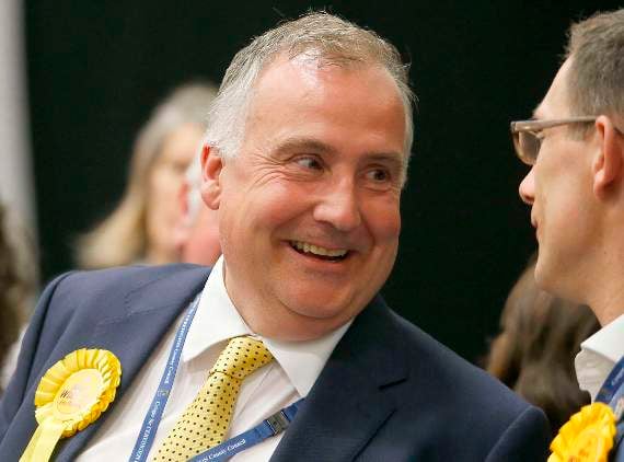 Mark Williams, Liberal Democrat candidate for Ceredigion, is all smiles as the count continues in Aberaeron