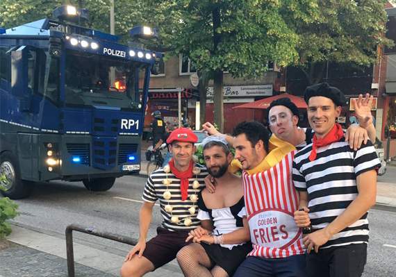 German media took this picture of Dafydd Davies’ stag group during protests in Hamburg. Photo: Twitter/@bento_de