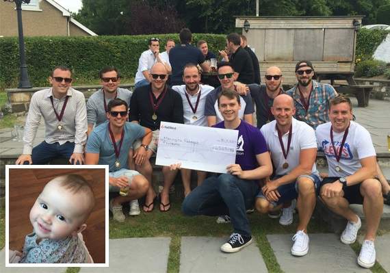 Sean Turner and the rest of the Snowdonia Challenge team hand over the cheque to the Meningitis Research Foundation. Inset: Ava Jeremiah