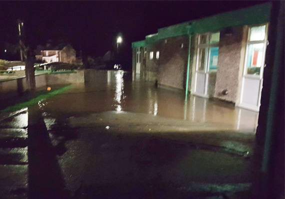 How Ysgol Pont y Gof looked two weeks ago, with the water surrounding the building