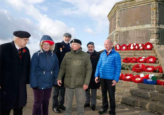 Members of Aberystwyth Royal British Legion and War Memorial Trust are not happy regarding the people who sprayed graffiti/writing on the war monument. Pictured, from left, are: Mike Nicholson, chair of Aberystwyth Royal British Legion; Brina Evans; Martin Alexander, War Memorial Trust; Gwyn Evans; Ray King and Col Patrick Norrington-Davies