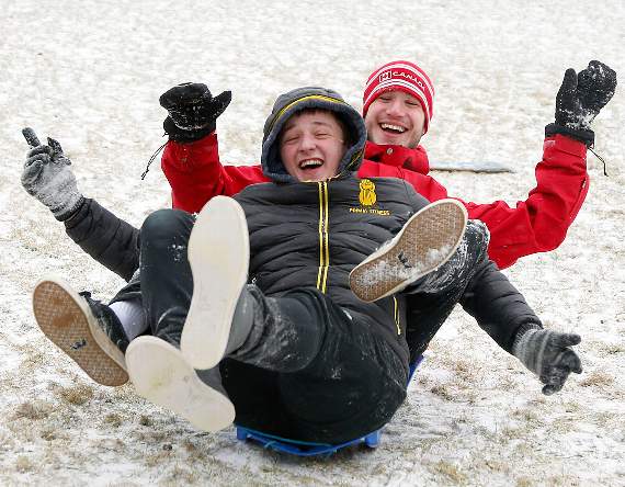 Sledging at Cwmbrwyno are Luka Tedaldi and James Thomas. 18DPJ08MAR28