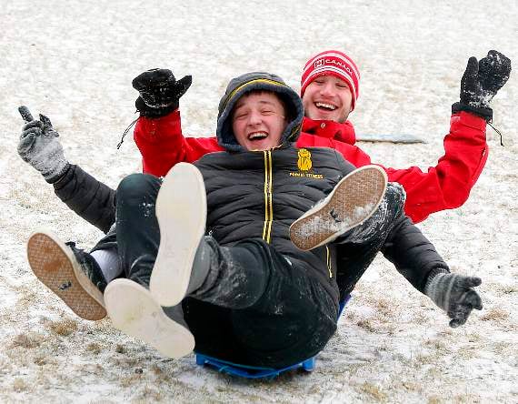 Sledging at Cwmbrwyno are Luka Tedaldi and James Thomas. 18DPJ08MAR28