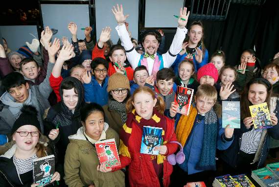 Author Steven Butler celebrates World Book Day with pupils from Ysgol Plascrug, Aberystwyth. 18DPJ01MAR45
