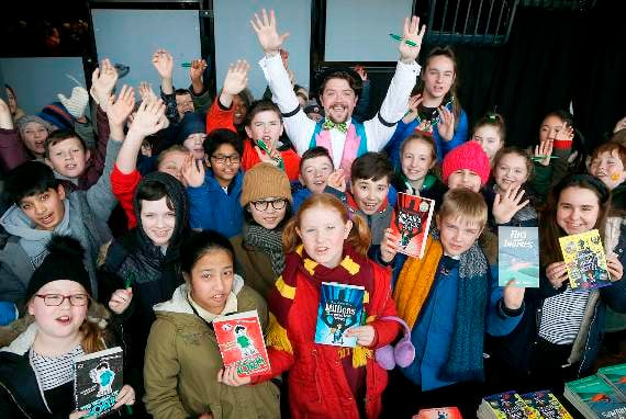 Author Steven Butler celebrates World Book Day with pupils from Ysgol Plascrug, Aberystwyth. 18DPJ01MAR45