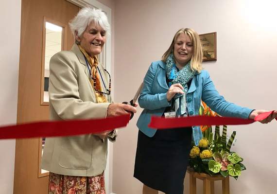Mary Oliver, the chair of Friends of Llanidloes Hospital, opens the Garden Rooms alongside Powys Health Board chief executive Carol Shillabeer