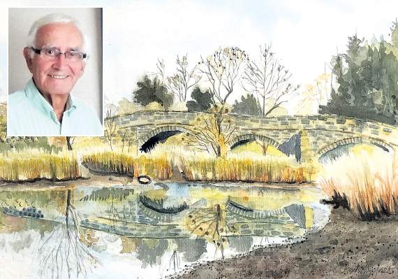 Gareth Wyn Jones (inset) uses different mediums for different pieces, such as watercolour for Pont Mwnwgl y Llyn. Photo: Eluned Jones