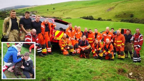 September: Ruby with her rescuers from the fire service. Inset: Dylan and Beth are reunited with Ruby