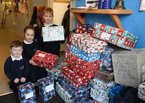 Alfie Williams-Claybrook (4), Amelia Griffiths (6) and Liam Joe Ellis (8) are among the pupils from Ysgol Abererch who brought boxes for the school’s 2018 Operation Christmas Child Appeal, which was once again a great success