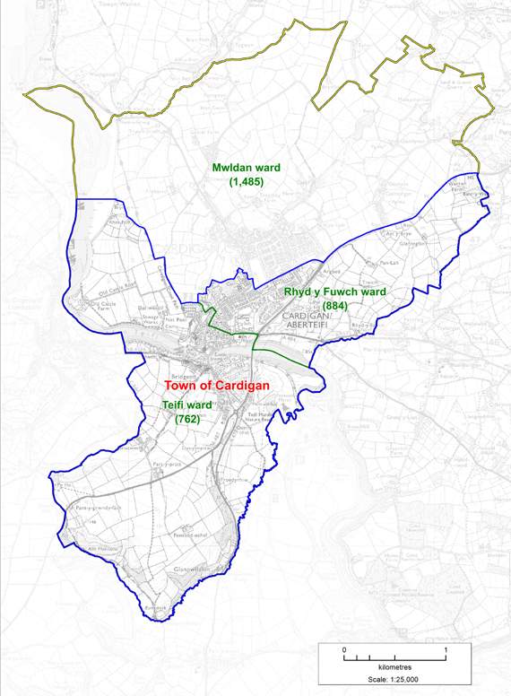 Cardigan’s Rhyd-y-Fuwch and Teifi wards would be combined to create one, shown here marked in blue