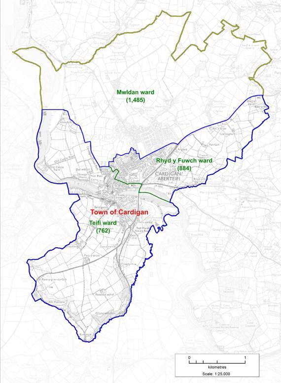Cardigan’s Rhyd-y-Fuwch and Teifi wards would be combined to create one, shown here marked in blue