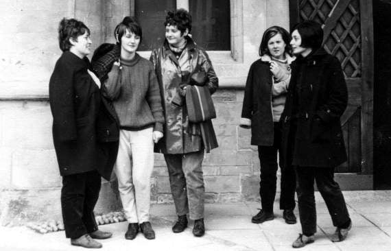 Girls after their fast outside the Old College, Aberystwyth. From left: Nia Griffith, Manon Rhys, Sioned Bebb, Sian Wyn Siencyn and Lowri Morgan. Photo by Ron Davies
