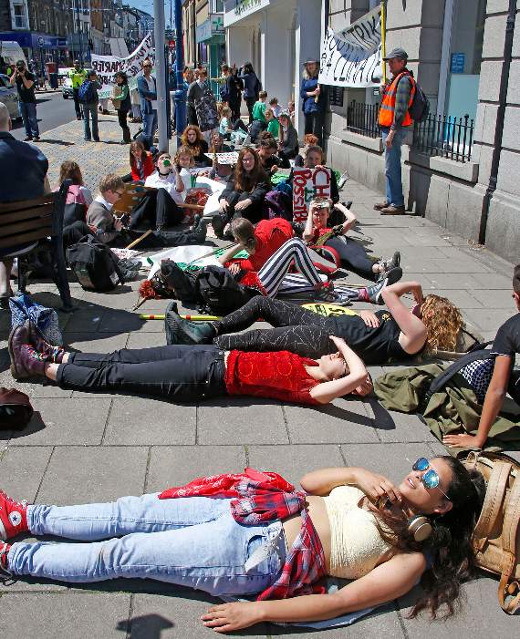 Young people from Penglais and Penweddig schools and Coleg Ceredigion gathered for the protest