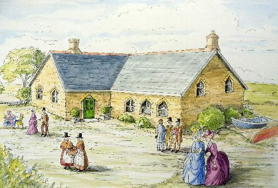 An artistic impression of Plas Edwards by the seashore by Shan Rollason