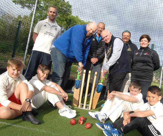 Gareth Lanagan, Dolgellau CCC chairman; club president Duncan Bamford; Neil Higginson, ECB; Dolgellau mayor Cllr Delwyn Evans; Sam Painter, north Wales cricket coach, Sue Wells, Cricket Wales; Dolgellau CCC Junior County players Sion Mills, Jayden Roberts, Dyfan Hughes and Gwendal Davalan