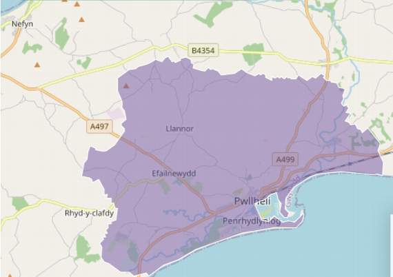This highlighted area around Pwllheli will benefit from an upgrade of the internet exchange in Pwllheli
