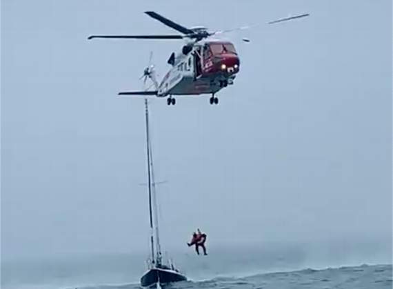 A person was airlifted from the stricken vessel. Credit New Quay RNLI