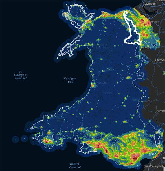 A map showing light pollution across the whole of Wales