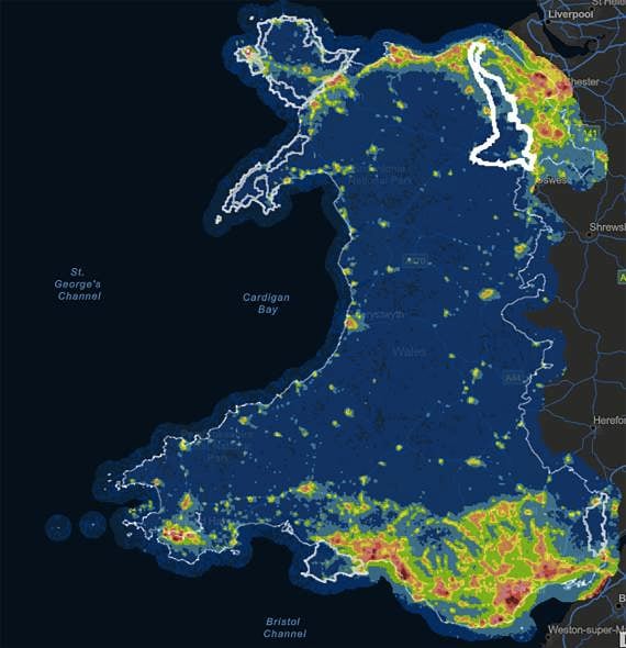 A map showing light pollution across the whole of Wales