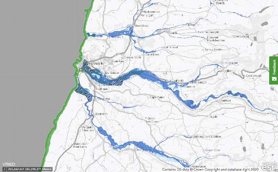 Aberystwyth and the surrounding area - The blue area on the map represents Zone 3 for river flooding, while the green represents Zone 3 for sea flooding