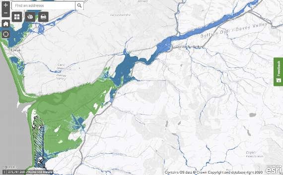 The Dyfi Valley area - The blue area on the map represents Zone 3 for river flooding, while the green represents Zone 3 for sea flooding