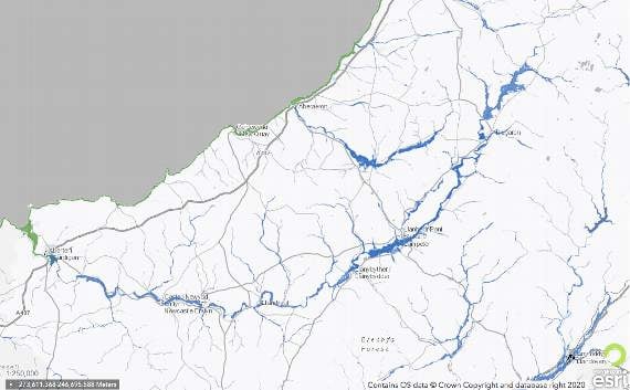 The Teifi river and south Ceredigion - The blue area on the map represents Zone 3 for river flooding, while the green represents Zone 3 for sea flooding