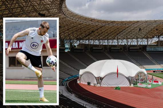 Rhys Norrington-Davies keeps his eye on the ball at the Tofiq Bahramov Republican stadium where a marquee has been built